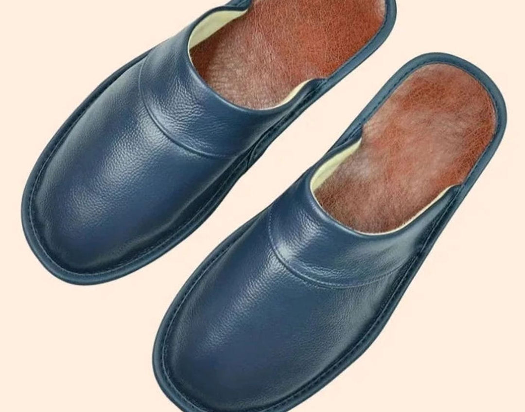 Men's Leather Slip-On Slippers Classic Minimalist Indoor Mules - Blue