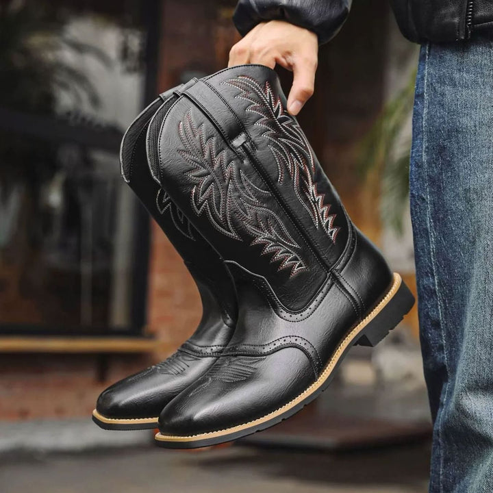 Men's Leather Western Embroidered Cowboy Boots - Black