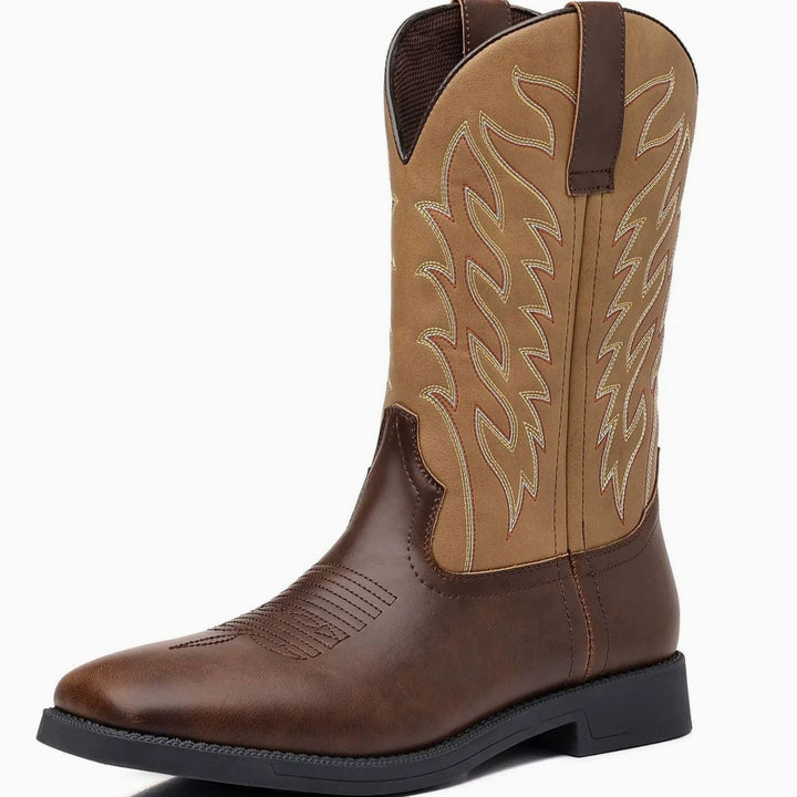 Men's Leather Western Embroidered Cowboy Boots - Khaki Brown