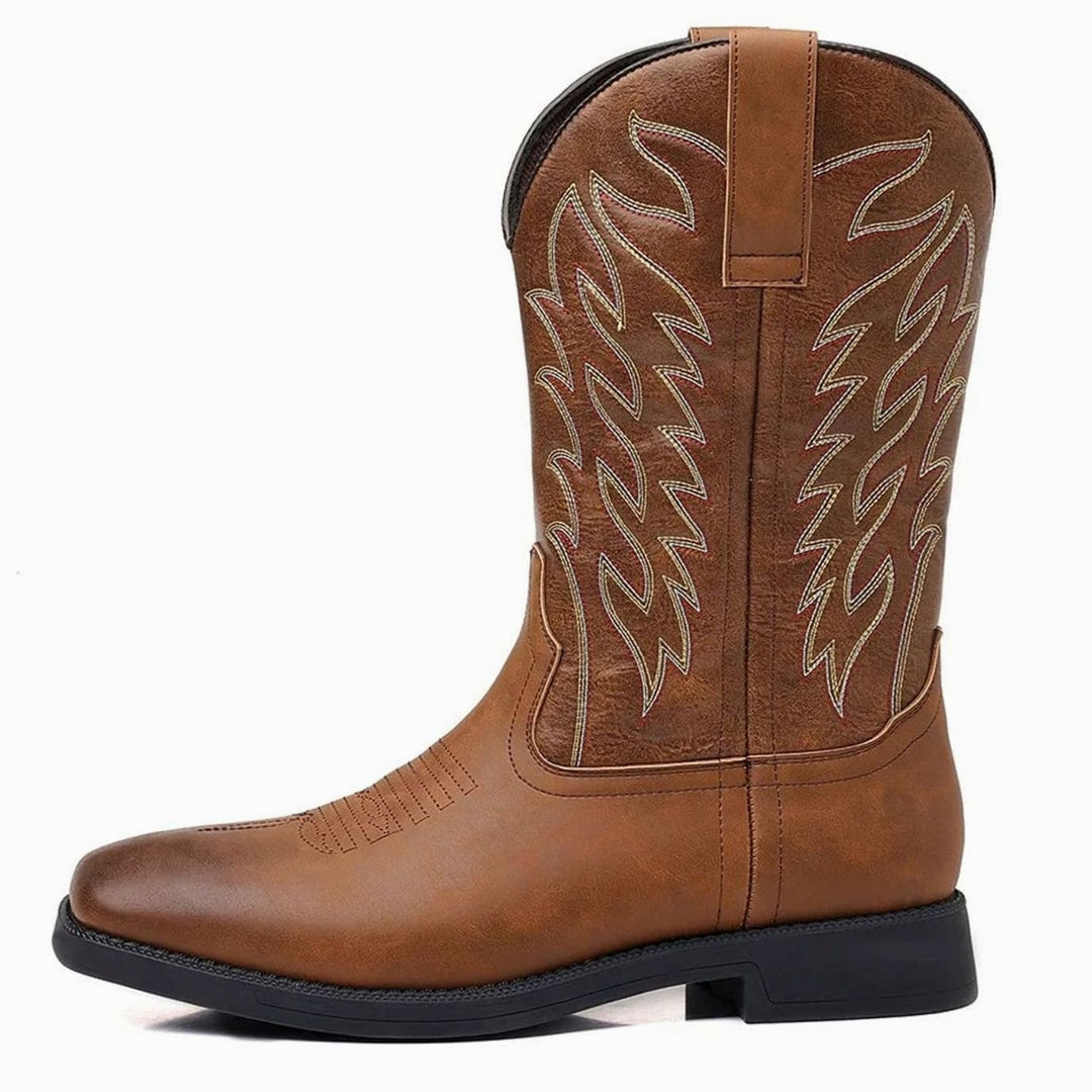 Men's Leather Western Embroidered Cowboy Boots - Brown
