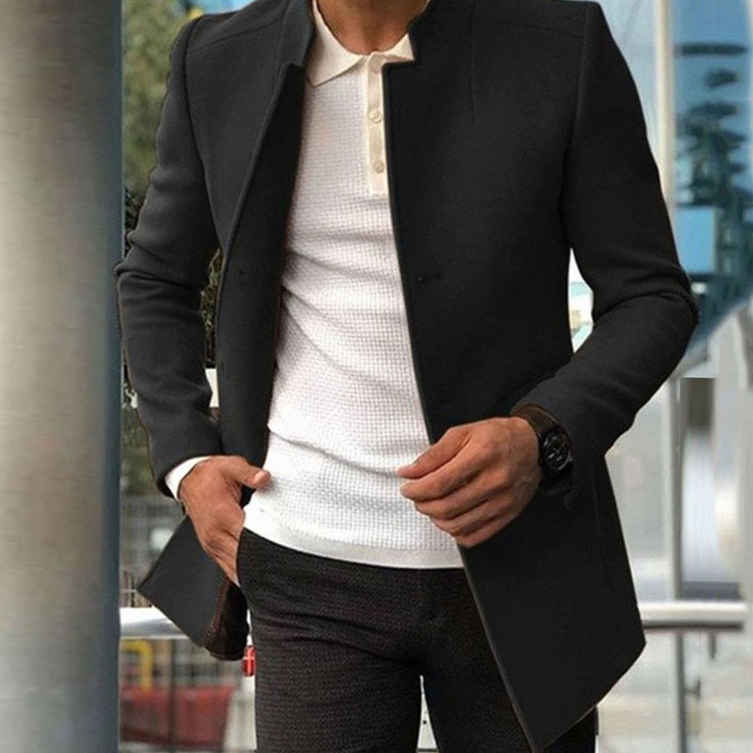 Men's Slim Fit Collarless Tailored Winter Coat - Black