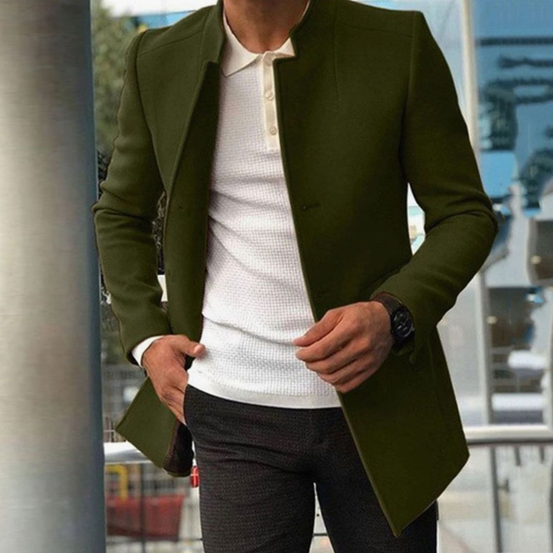 Men's Slim Fit Collarless Tailored Winter Coat - Green