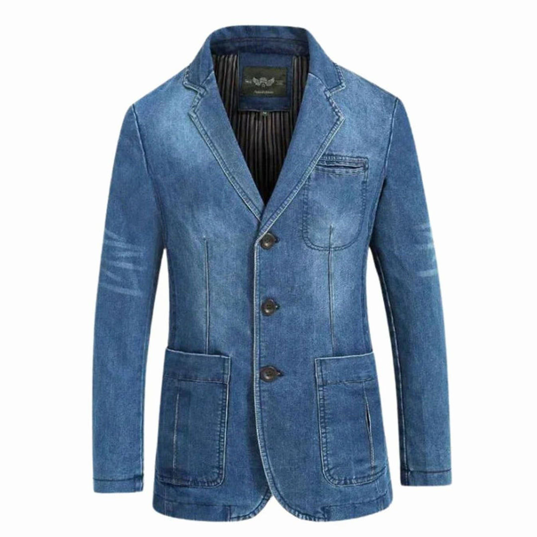 Men's Structured Three-Button Notch-Lapel Denim Blazer - Light Blue