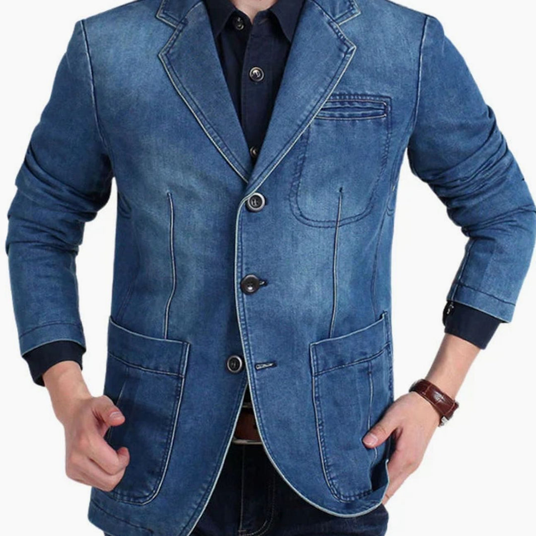 Men's Structured Three-Button Notch-Lapel Denim Blazer