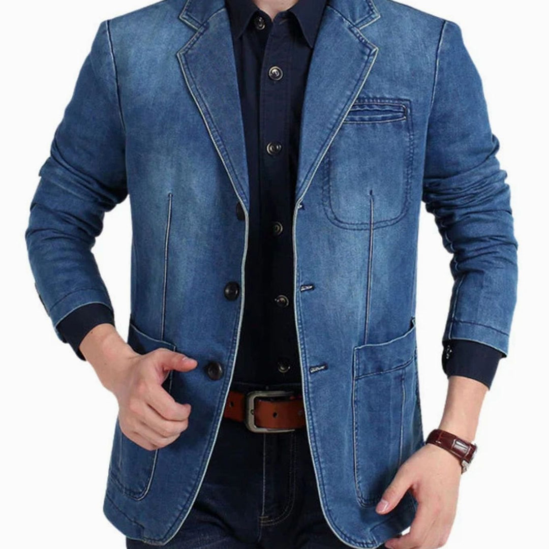Men's Structured Three-Button Notch-Lapel Denim Blazer
