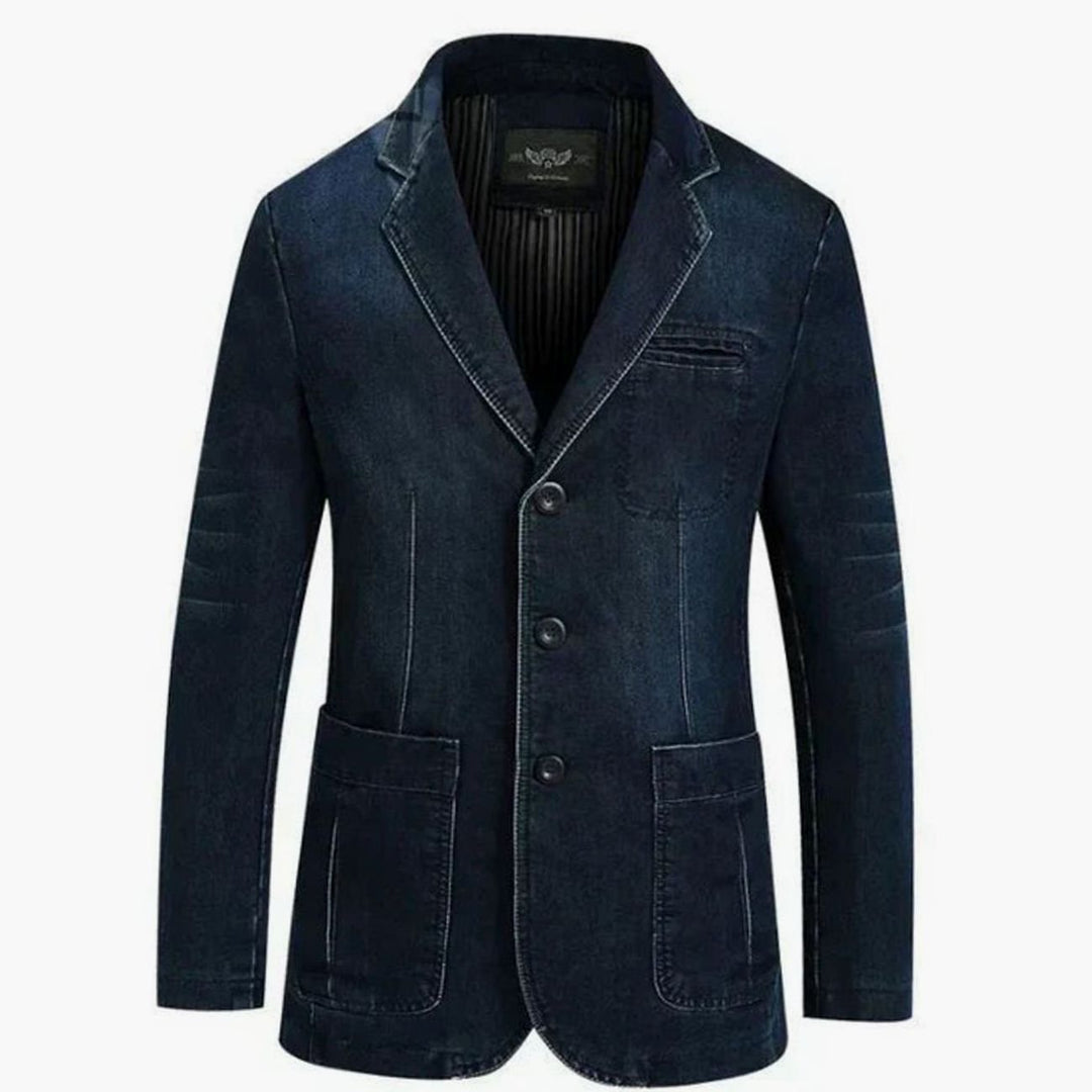 Men's Structured Three-Button Notch-Lapel Denim Blazer - Dark Blue