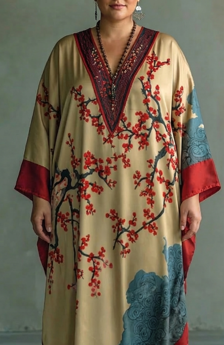 Addison | Japanese Red Plum Blossom Maxi Dress with Batwing Sleeves and Print