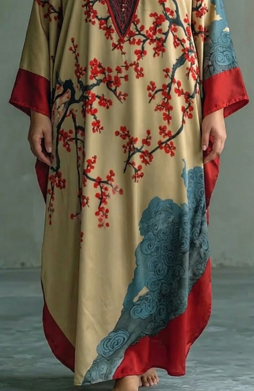 Addison | Japanese Red Plum Blossom Maxi Dress with Batwing Sleeves and Print