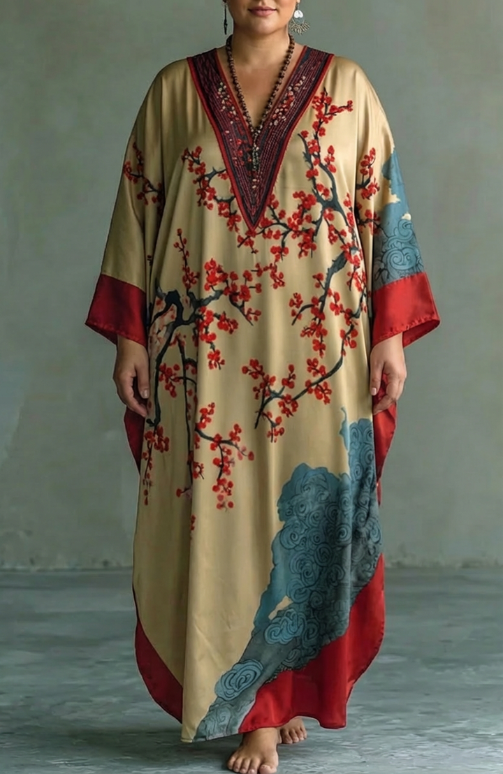 Addison | Japanese Red Plum Blossom Maxi Dress with Batwing Sleeves and Print