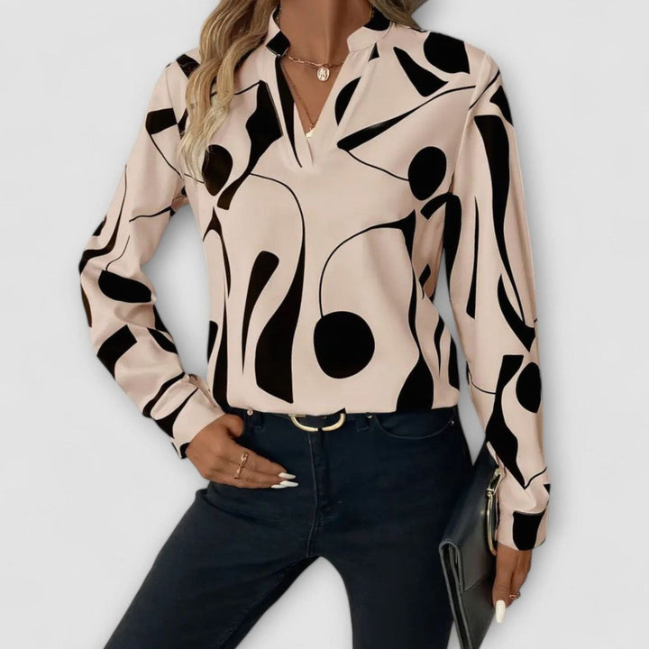 Women's Abstract Print Long-Sleeve V-Neck Elegant Blouse - Beige