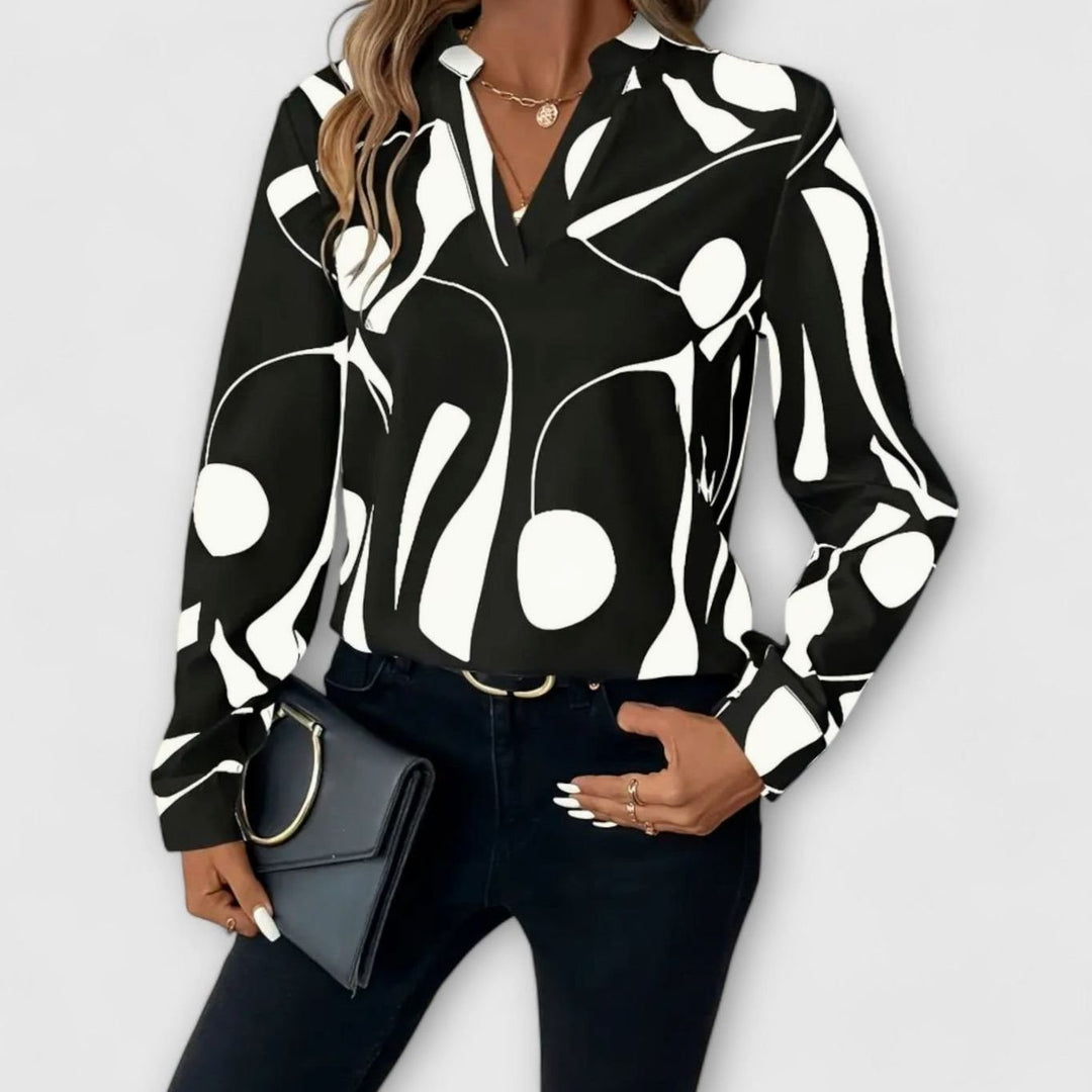 Women's Abstract Print Long-Sleeve V-Neck Elegant Blouse - Black