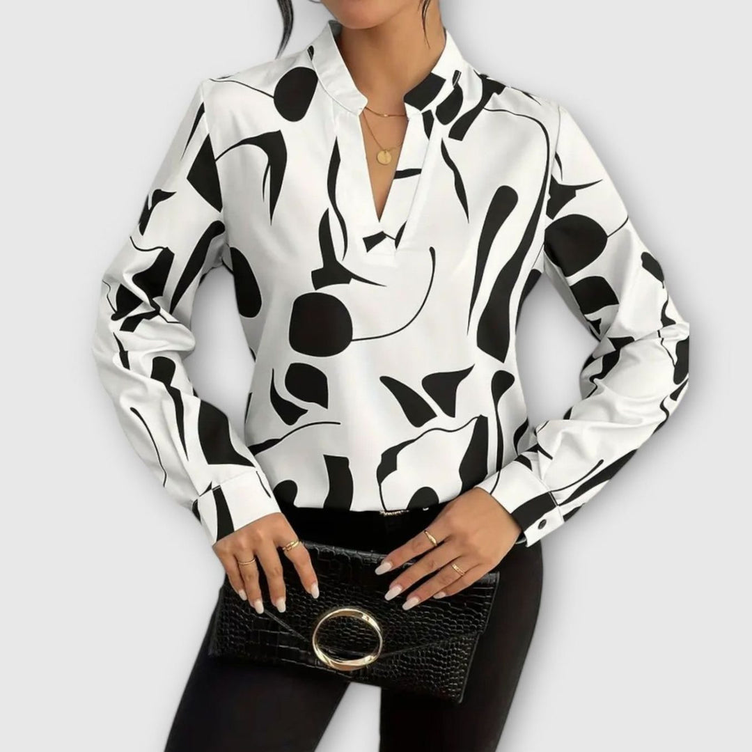 Women's Abstract Print Long-Sleeve V-Neck Elegant Blouse - White