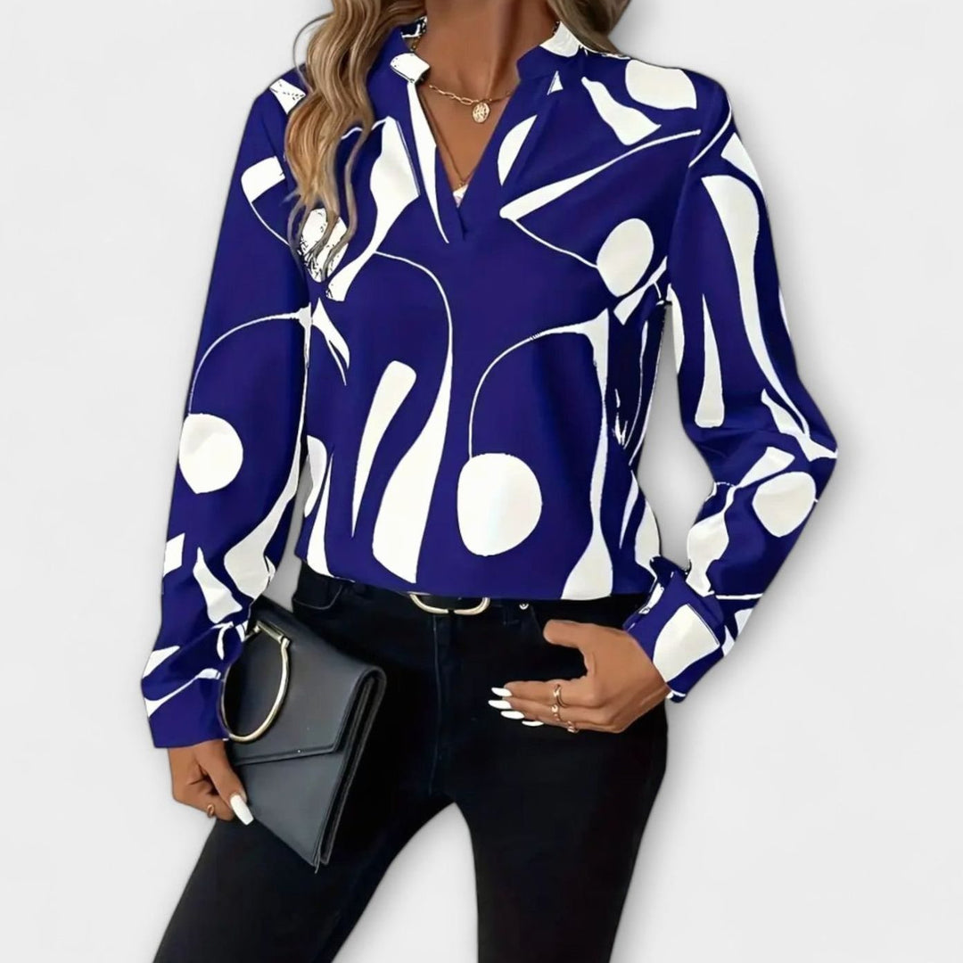 Women's Abstract Print Long-Sleeve V-Neck Elegant Blouse - Blue