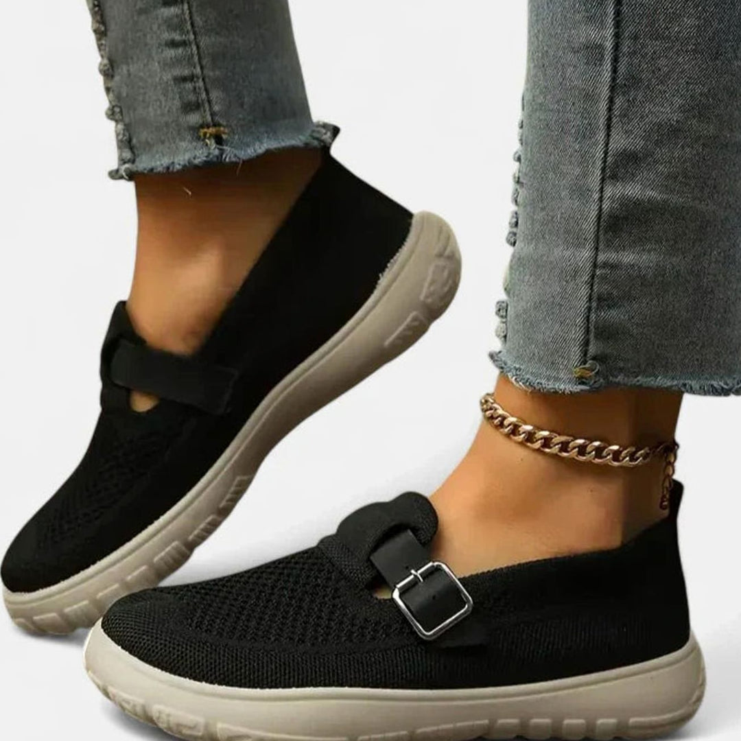 Women's Arch-Support Loafers Adjustable Buckle Strap Slip-On Sneakers - Black