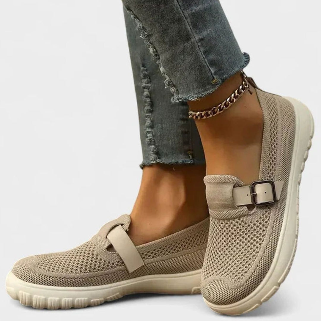 Women's Arch-Support Loafers Adjustable Buckle Strap Slip-On Sneakers - Beige