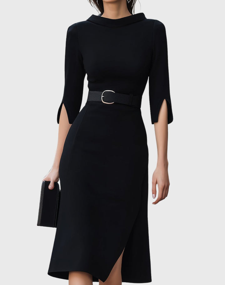 Women's Belted High-Neck Asymmetric-Hem Midi Dress