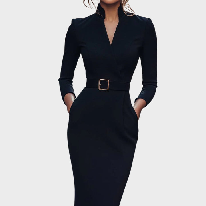 Women's Belted Three-Quarter Sleeve V-Neck Pencil Midi Dress