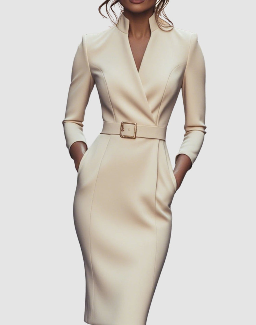 Women's Belted Three-Quarter Sleeve V-Neck Pencil Midi Dress - Apricot