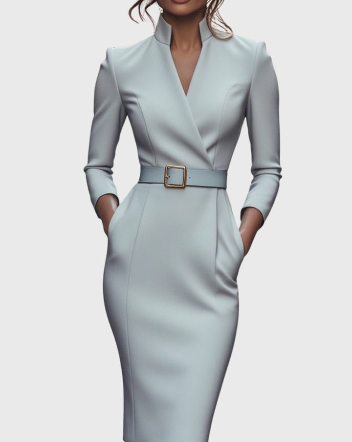 Women's Belted Three-Quarter Sleeve V-Neck Pencil Midi Dress - Gray