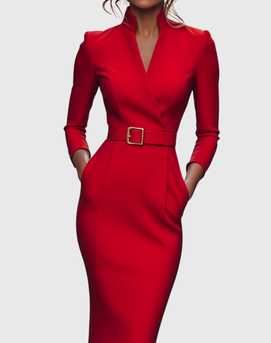 Women's Belted Three-Quarter Sleeve V-Neck Pencil Midi Dress - Red