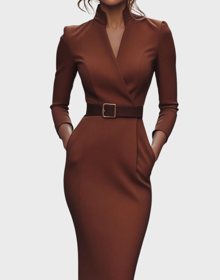 Women's Belted Three-Quarter Sleeve V-Neck Pencil Midi Dress - Brick Red