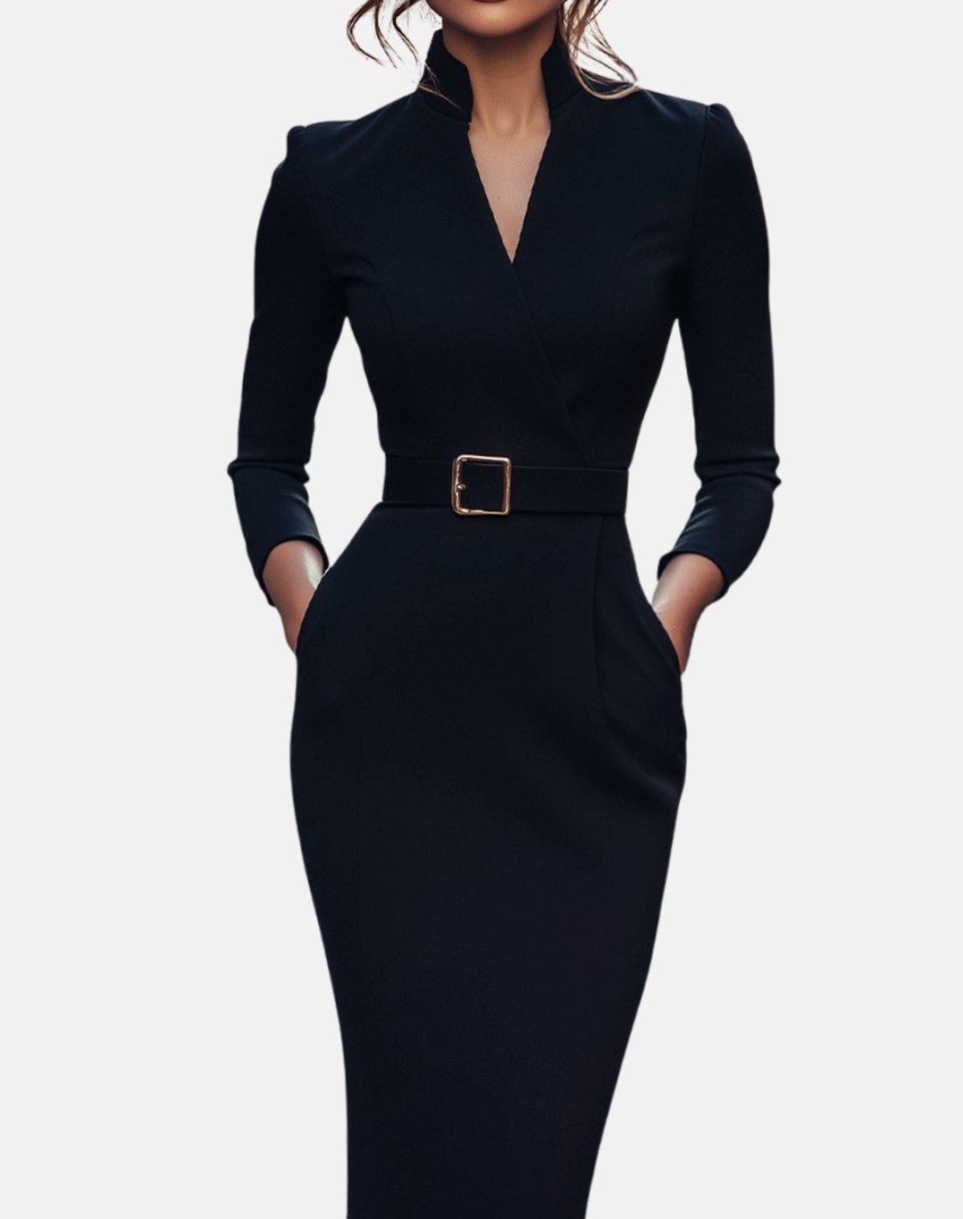 Women's Belted Three-Quarter Sleeve V-Neck Pencil Midi Dress - Black