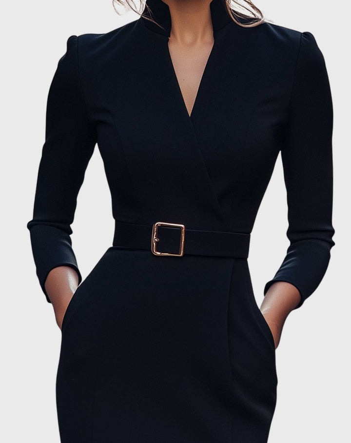 Women's Belted Three-Quarter Sleeve V-Neck Pencil Midi Dress