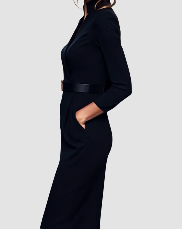 Women's Belted Three-Quarter Sleeve V-Neck Pencil Midi Dress