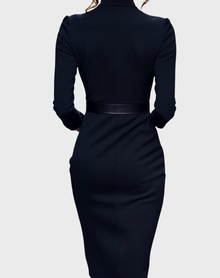 Women's Belted Three-Quarter Sleeve V-Neck Pencil Midi Dress