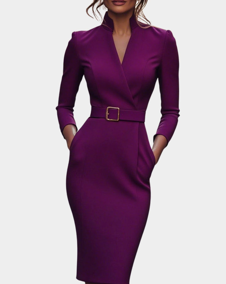 Women's Belted Three-Quarter Sleeve V-Neck Pencil Midi Dress