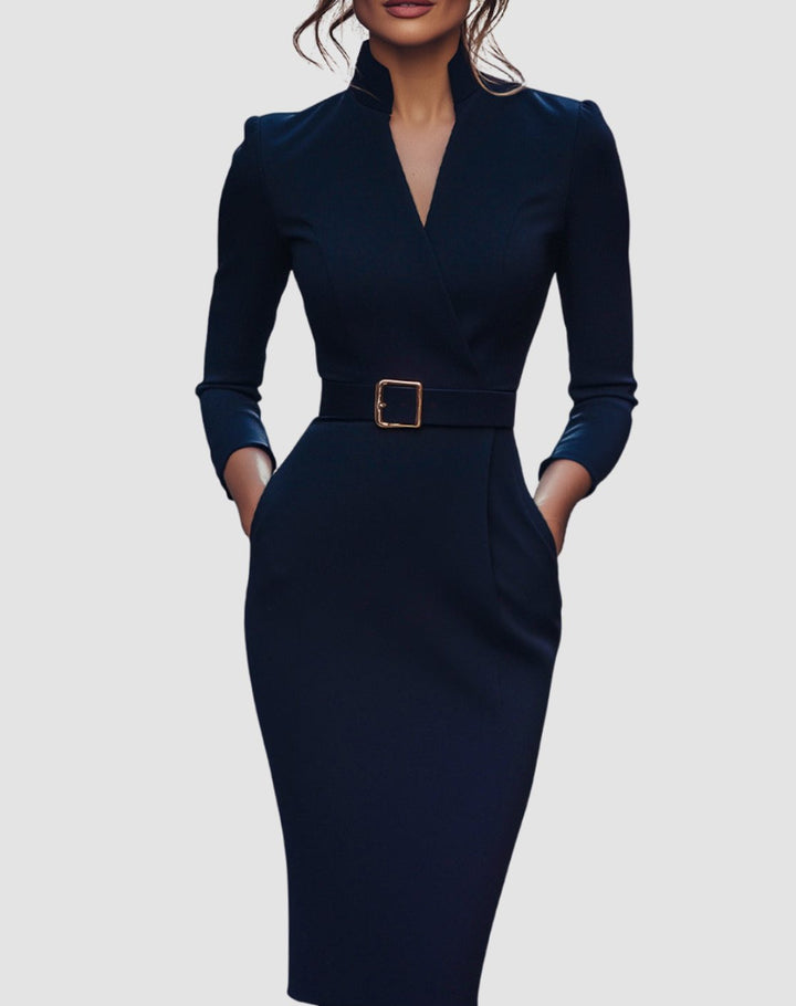 Women's Belted Three-Quarter Sleeve V-Neck Pencil Midi Dress - Navy Blue