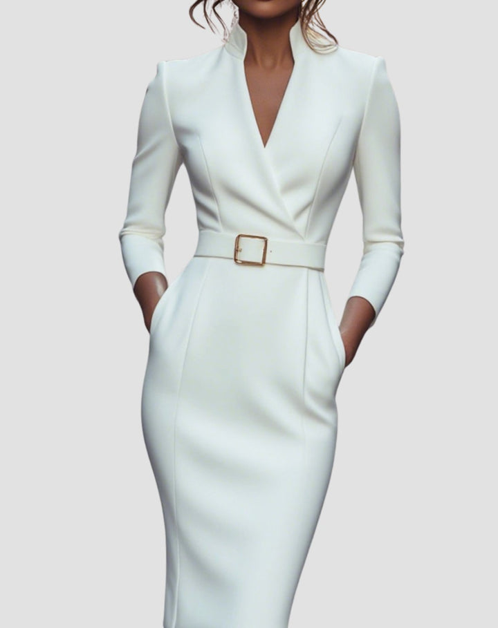 Women's Belted Three-Quarter Sleeve V-Neck Pencil Midi Dress - White