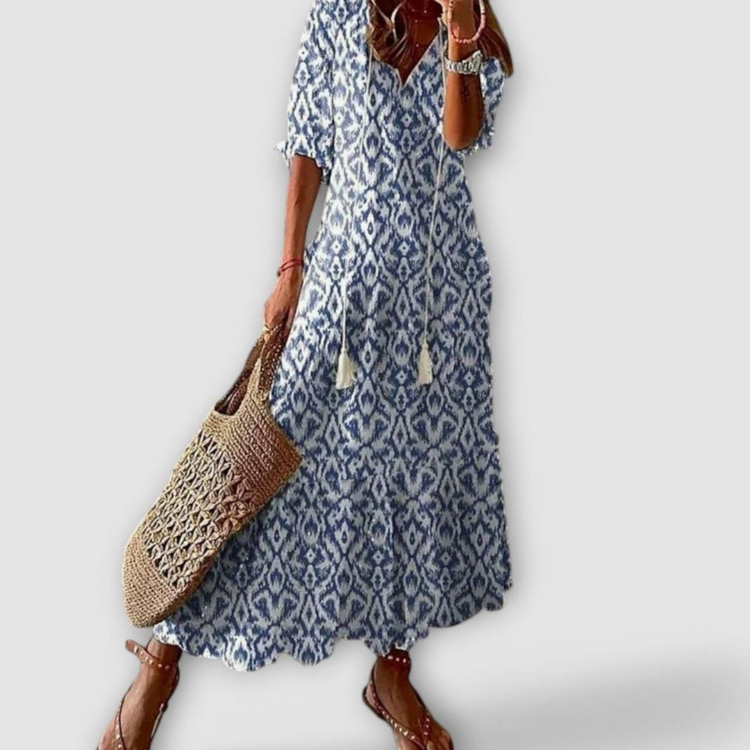 Women's Bohemian Ikat-Print V-Neck Tassel-Tie Maxi Dress - Sky Blue