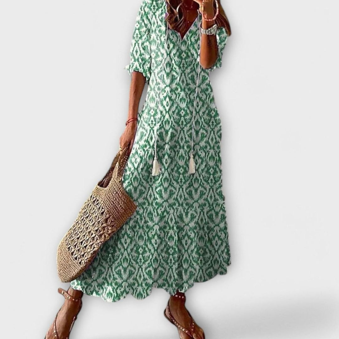 Women's Bohemian Ikat-Print V-Neck Tassel-Tie Maxi Dress - Green