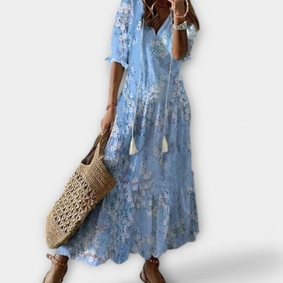 Women's Bohemian Ikat-Print V-Neck Tassel-Tie Maxi Dress - Light Blue