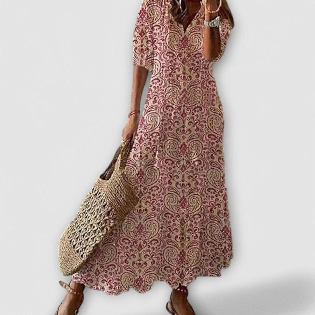 Women's Bohemian Ikat-Print V-Neck Tassel-Tie Maxi Dress - Pink