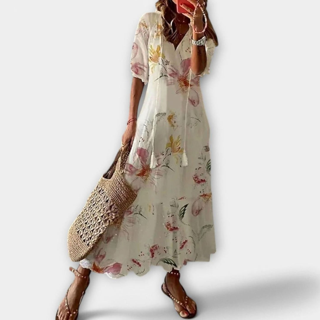Women's Bohemian Ikat-Print V-Neck Tassel-Tie Maxi Dress - Beige