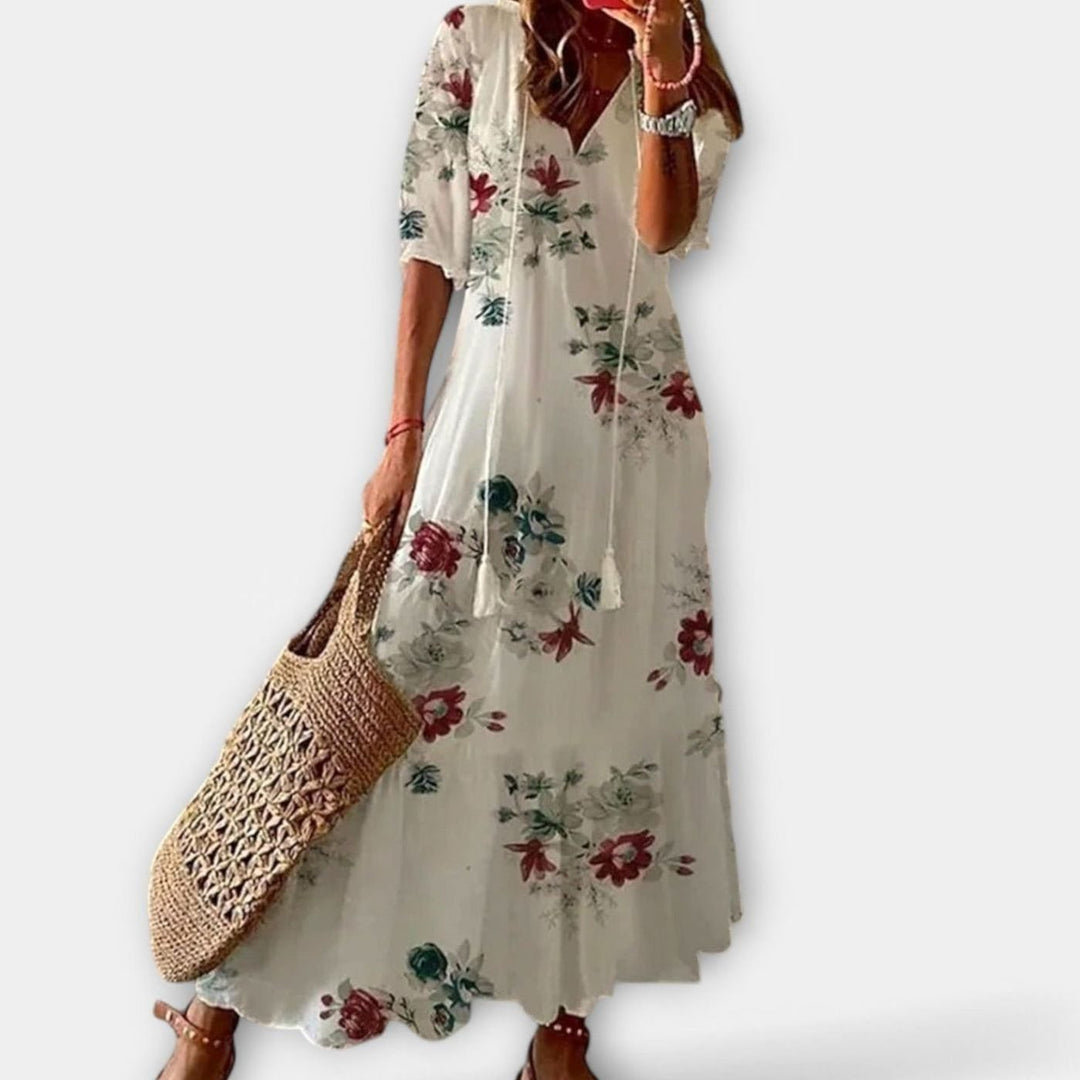 Women's Bohemian Ikat-Print V-Neck Tassel-Tie Maxi Dress - White