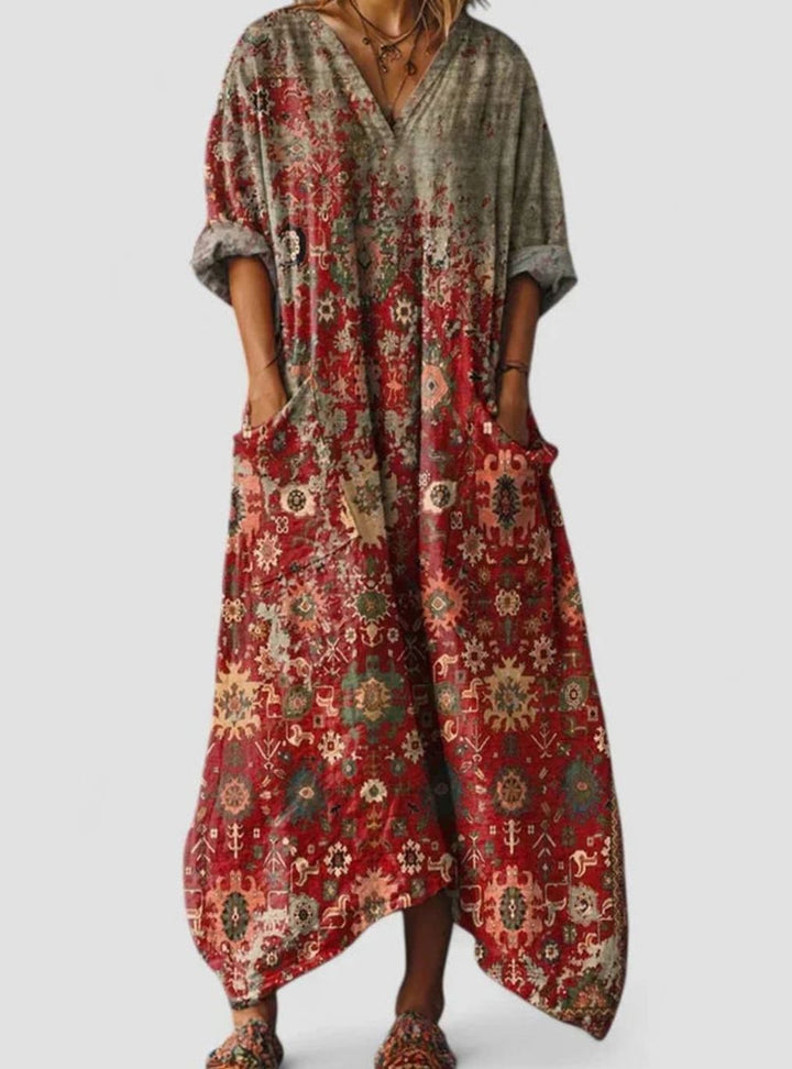 Women's Boho Elegant Dress V-Neck Relaxed Maxi Vintage Print - Red Carpet