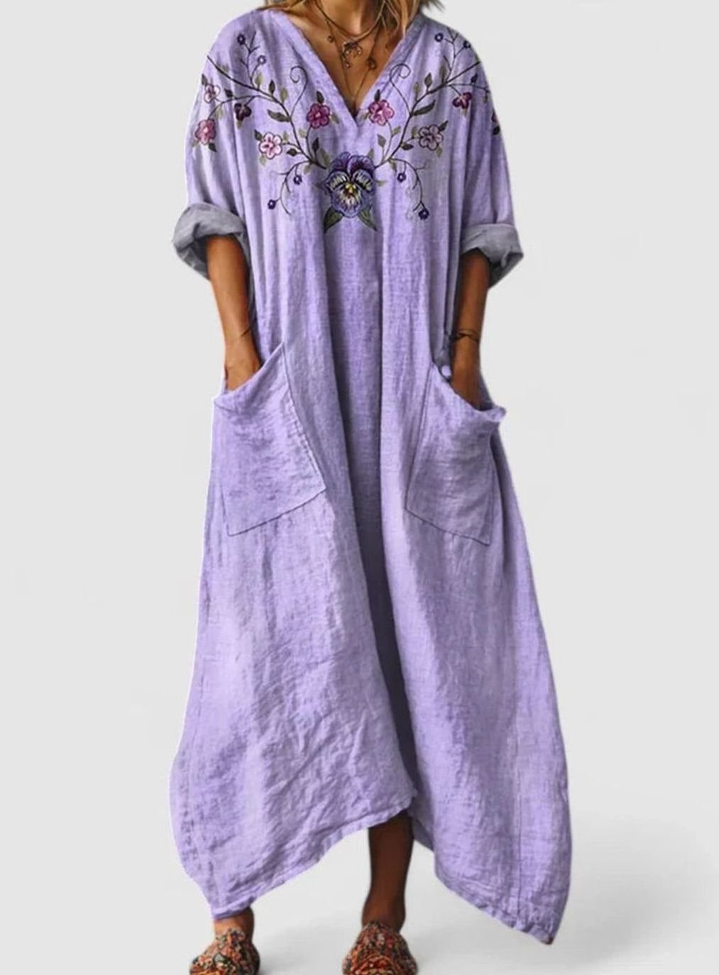Women's Boho Elegant Dress V-Neck Relaxed Maxi Vintage Print - Purple