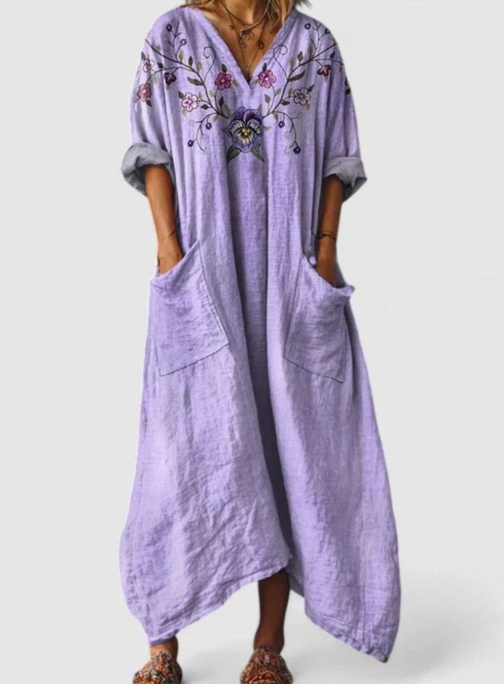 Women's Boho Elegant Dress V-Neck Relaxed Maxi Vintage Print - Purple