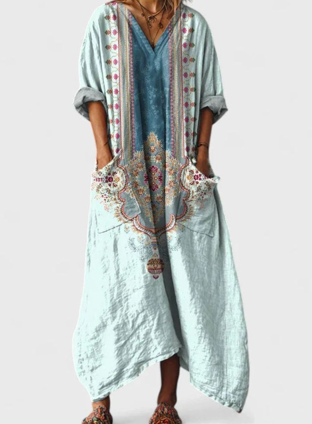 Women's Boho Elegant Dress V-Neck Relaxed Maxi Vintage Print - Green Blue