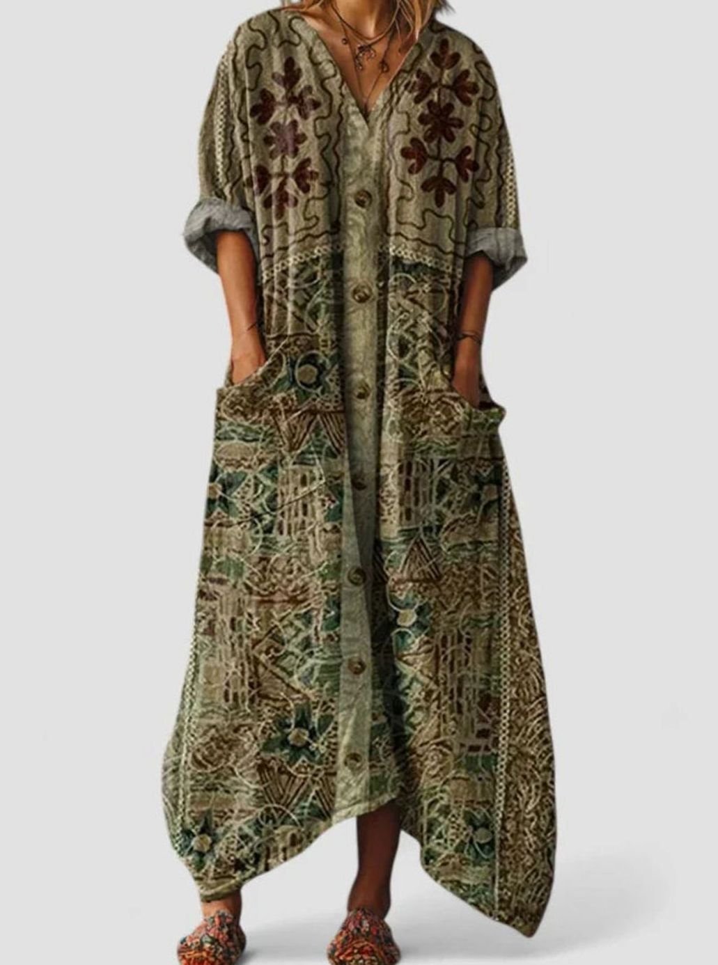 Women's Boho Elegant Dress V-Neck Relaxed Maxi Vintage Print - Green