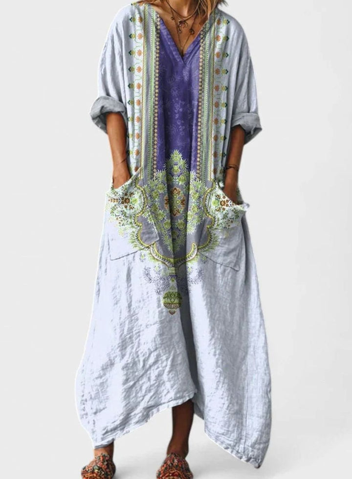 Women's Boho Elegant Dress V-Neck Relaxed Maxi Vintage Print - Blue Purple