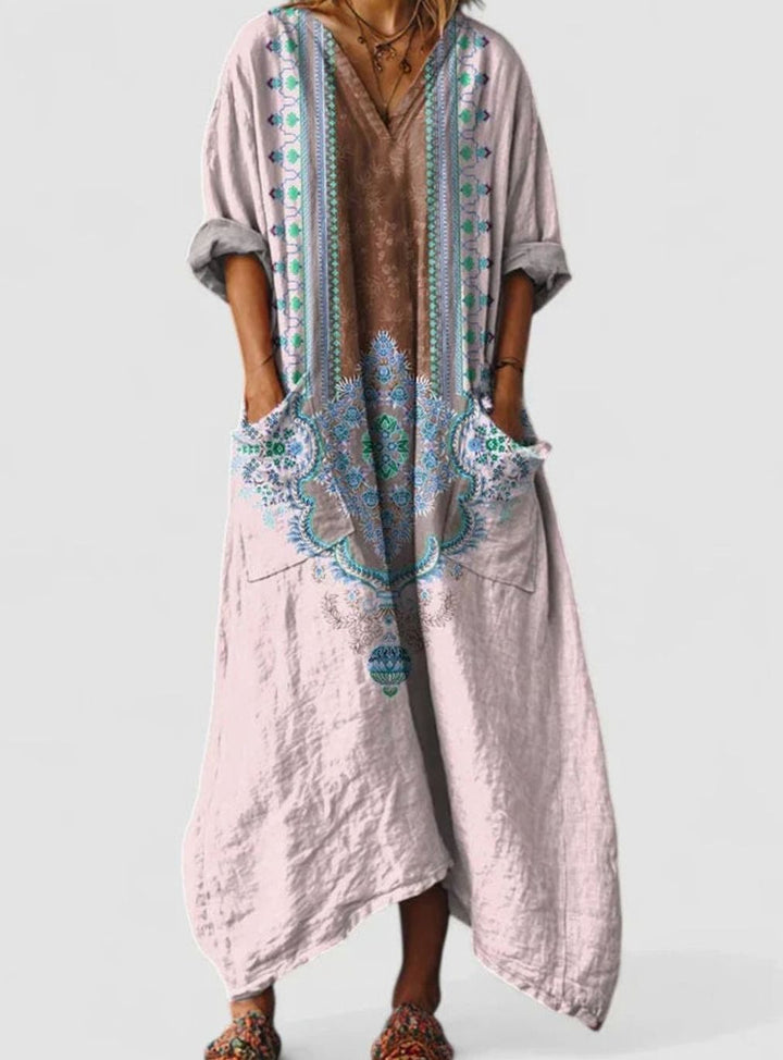 Women's Boho Elegant Dress V-Neck Relaxed Maxi Vintage Print - Pink Green