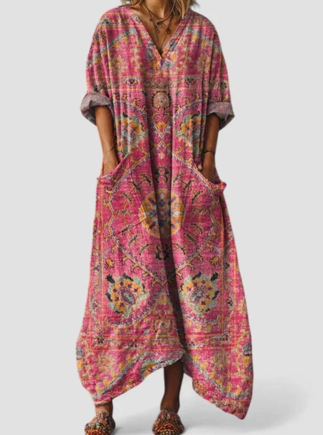 Women's Boho Elegant Dress V-Neck Relaxed Maxi Vintage Print - Red