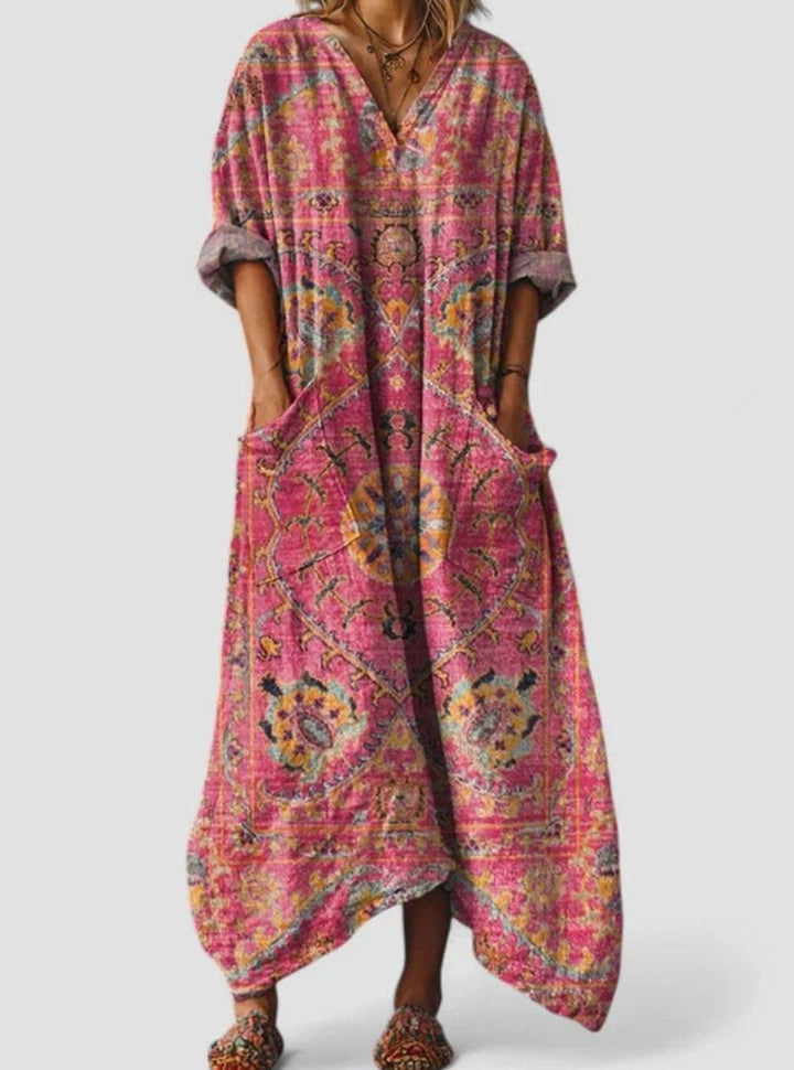 Women's Boho Elegant Dress V-Neck Relaxed Maxi Vintage Print - Red