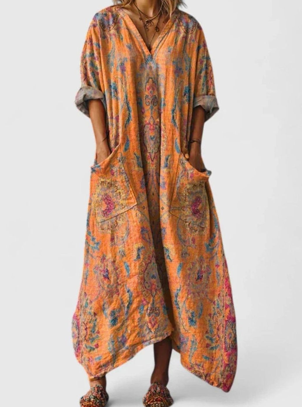 Women's Boho Elegant Dress V-Neck Relaxed Maxi Vintage Print - Orange