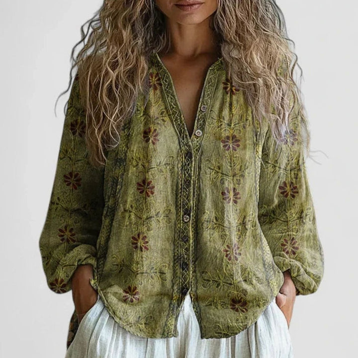 Women's Boho Floral Button-Front Comfortable Blouse - Green