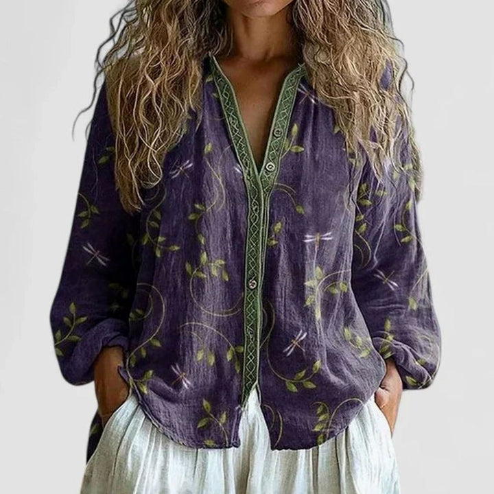 Women's Boho Floral Button-Front Comfortable Blouse - Purple